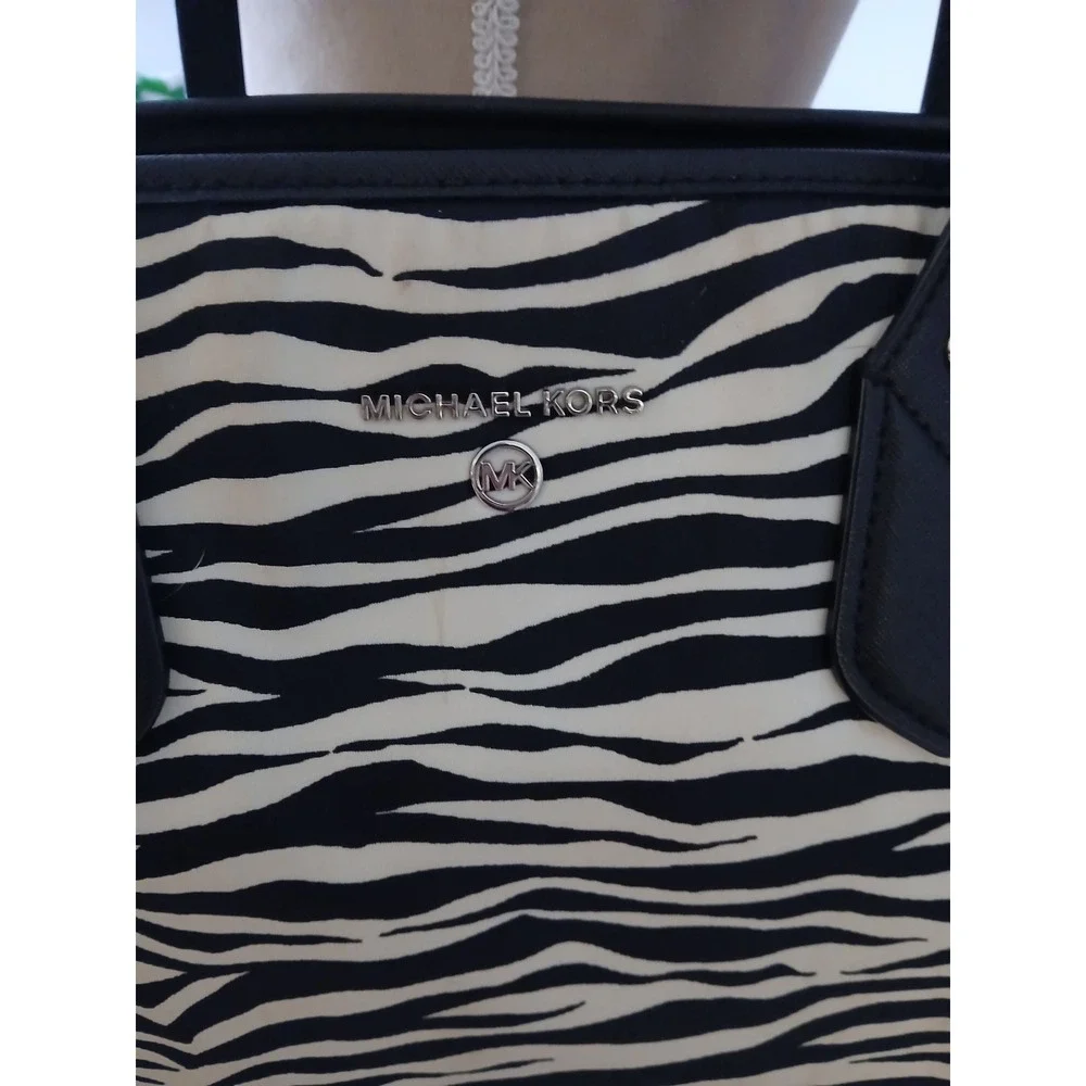Michael Kors Zebra Print Small Tote Bag Black Cream Canvas Leather Purse